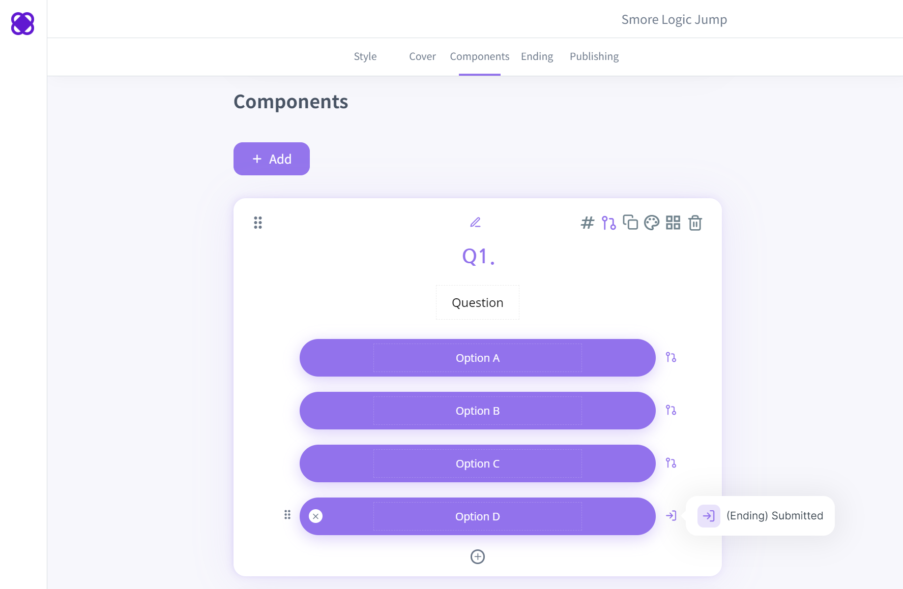 Smore dashboard, mouse hovering above logic jump icon