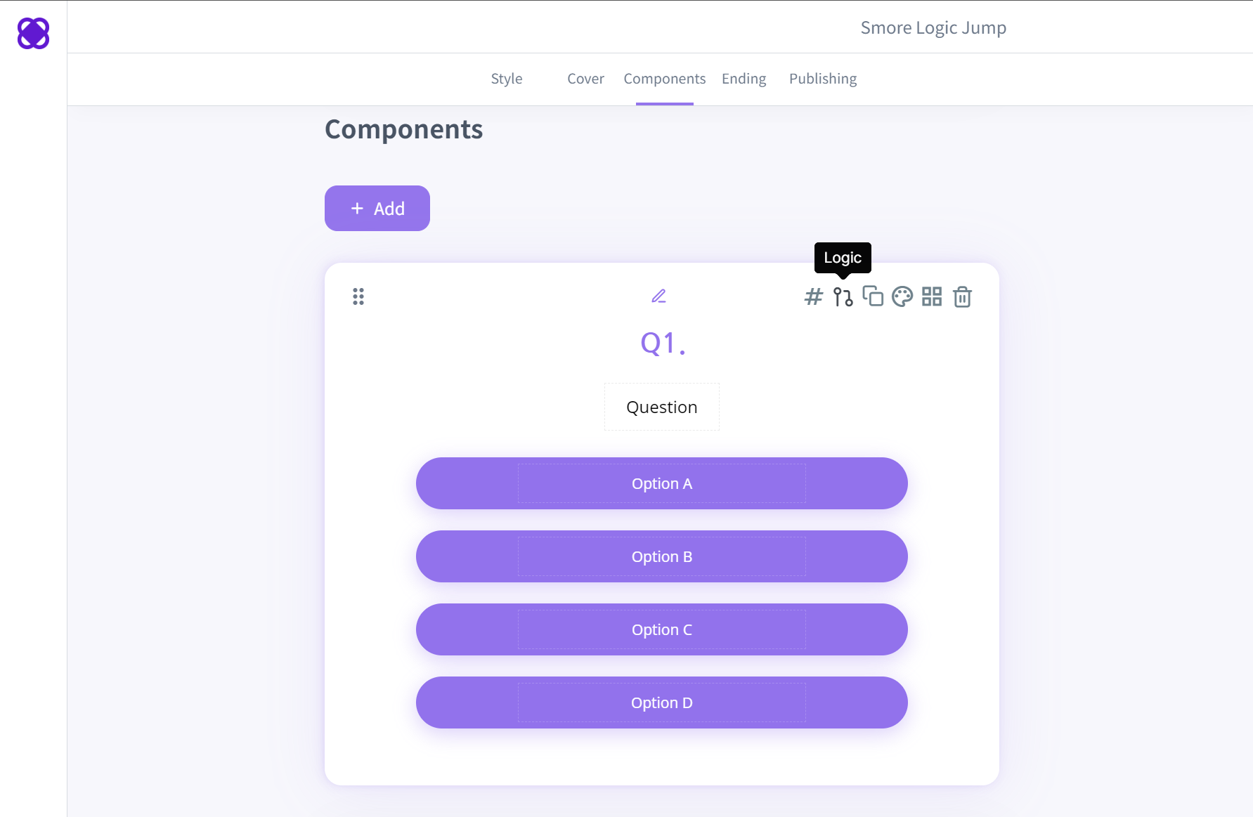 Smore dashboard, components section, question card